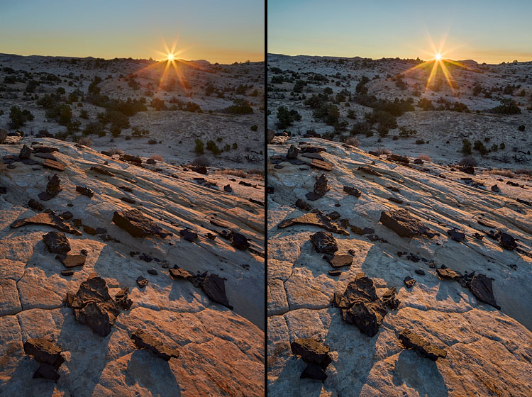 Left: blended by hand; Right: Lightroom HDR